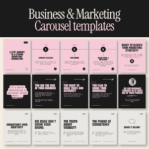 Könnte beinhalten: Ein Set aus fünfzehn digitalen Social-Media-Karussell-Vorlagen für Business und Marketing. Die Designs verfügen über eine Farbpalette aus Hellrosa, Schwarz und Cremeweiß mit fetter serifenloser Typografie und verschiedenen Texten.