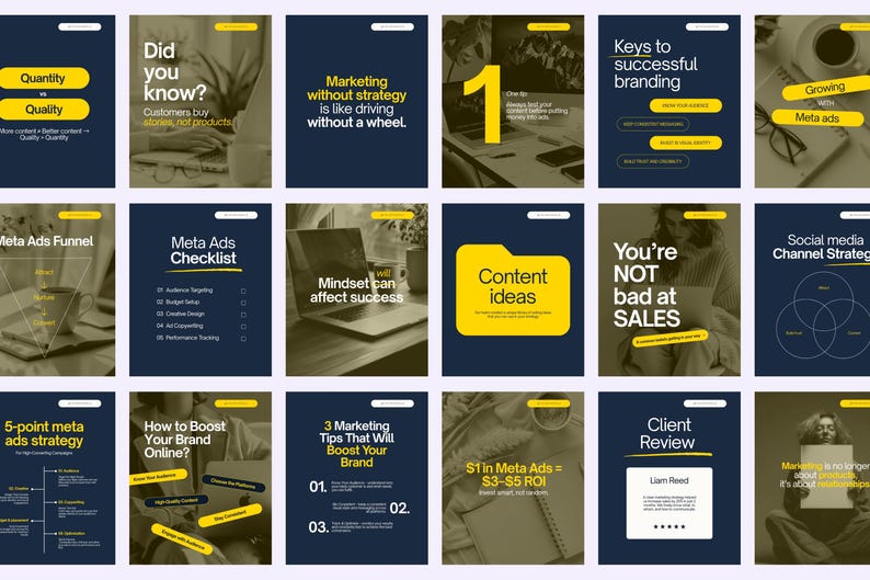 Canva Instagram template pack for marketing and personal branding – modern navy blue and yellow social media post designs with marketing tips, content ideas, sales quotes, ad strategies, and client review layouts.