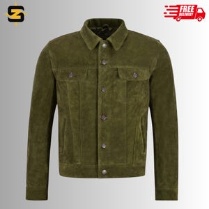 Men&#39;s Olive Green Real Suede Trucker Leather Jacket | Handmade Jacket Denim Style Shirt, Trucker Suede Jacket | Casual Fashion Style Jacket