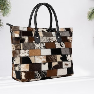 Genuine Hair-on Cowhide Leather Patchwork Tote Bag Multi-Color Western Shoulder Purse & Crossbody Handbag for Women (15" x 13" x 5")