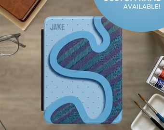Custodia per Kindle con design astratto a onde blu / Opzione nome personalizzato