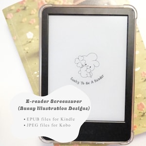 May include: An e-reader with a black bezel displays a bunny illustration with the text "Lucky To Be a Reader." The screen is set against a floral-patterned background. The image also includes text indicating the product is an e-reader screensaver with EPUB and JPEG file formats.