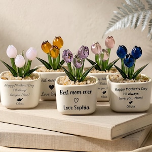 May include: Several small, white ceramic pots with glass tulip flowers in various colours. The pots are inscribed with messages such as "Happy Mother's Day" and "Best Mom Ever". The tulips are in shades of pink, yellow, purple, and blue.