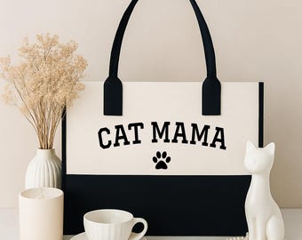 Bolso de lona con estampado de gatas, reutilizable.