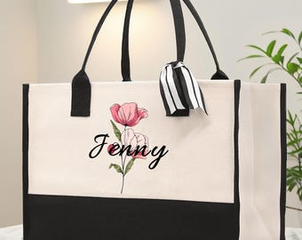 Personalized Birth Flower Tote Bag, Custom Canvas Reusable Bag
