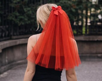 Tocchic Red Fascinator Hat with Veil - Women Accessories mesh bow RED Fascinator. Red Bow Hat With Mini Birdcage Veil. Red  main image 3
