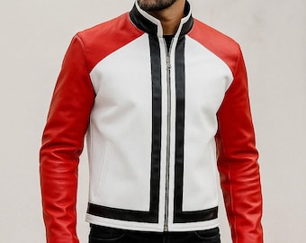 Chaqueta de cuero estilo luchador retro para hombre: chaqueta de cosplay de motociclista en rojo y blanco.