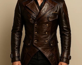 Handgefertigter Herren Steampunk Leder Trenchcoat - Viktorianische Gothic Jacke