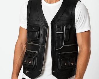 Handgefertigte Herren Leder-Utui-Weste - Multi-Pocket-Reiseweste