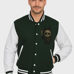 Horror-Inspired Cartoon Varsity Jacket – Striped Sleeve Streetwear – Spooky Character Bomber – Halloween Unisex Jacket – Creepy Cute Style