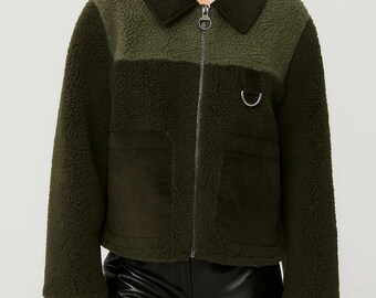 Olive Green Sherpa Bomber Jacket – Two-Tone Corduroy Collar, Fleece Outerwear
