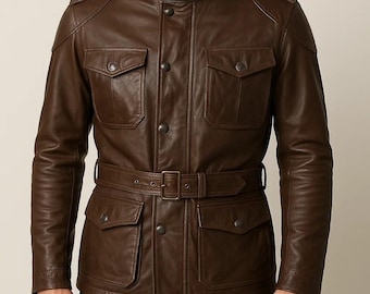 Handmade Brown Leather Field Jacket: Belted Menswear