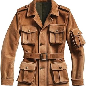 May include: A brown suede jacket with multiple pockets and a belt. The jacket has a classic design with a collared neckline, button closures, and a belt with a metal buckle. The jacket's color is a warm, earthy brown.