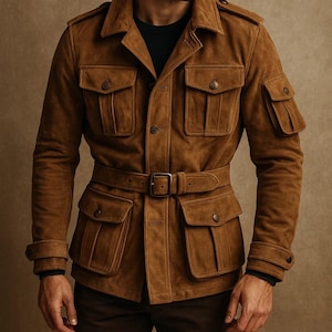 May include: A brown suede jacket with multiple front pockets, a belted waist, and button closures. The jacket has a classic collar and epaulettes on the shoulders. The sleeves have buttoned cuffs. The jacket is worn over a black shirt and brown pants.