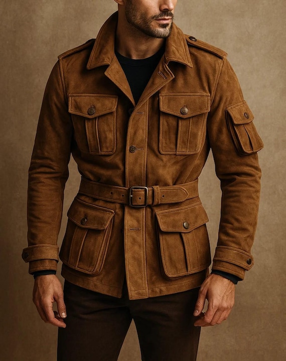 Handmade Men’s Brown Safari Jacket | Vintage Field Coat with Belted Waist