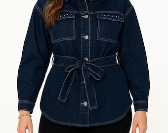 Handmade Women’s Blue Denim Belted Longline Jacket
