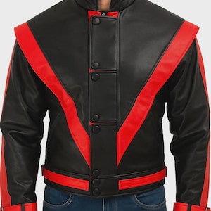 Michael Jackson Style Black Leather Jacket with Red Stripe – Thriller Inspired Costume Jacket