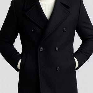 Men's Black Wool Peacoat: Retro Double-Breasted Winter Coat