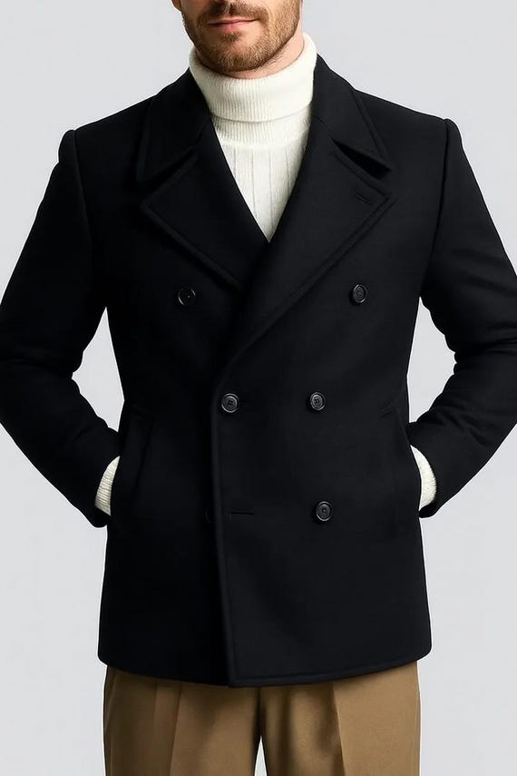メンズ ブラック ウール ピーコート：レトロなダブルブレスト冬用