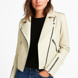 Women’s White Leather Jacket – Beachside Casual Slim Fit Moto Biker Style Coat