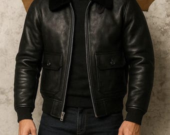 Handmade Men’s Black Leather Bomber Jacket – Shearling Collar, Aviator Style