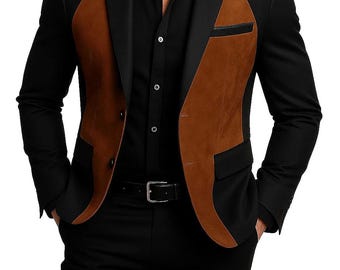 Handmade Men’s Two-Tone Suede & Lambskin Leather Blazer | Brown Coat