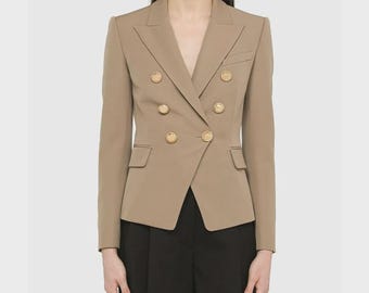 Women’s Double-Breasted Wool Blend Blazer, Elegant Formal Long Sleeve Coat Jacket For Women's