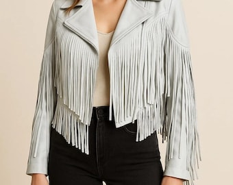 Handmade White Fringe Leather Jacket: Women's Western Festival Coat