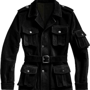 May include: A black leather jacket with multiple pockets, a belted waist, and silver button details. The jacket has a classic design with a collared neckline and epaulettes on the shoulders. A stylish outerwear piece.