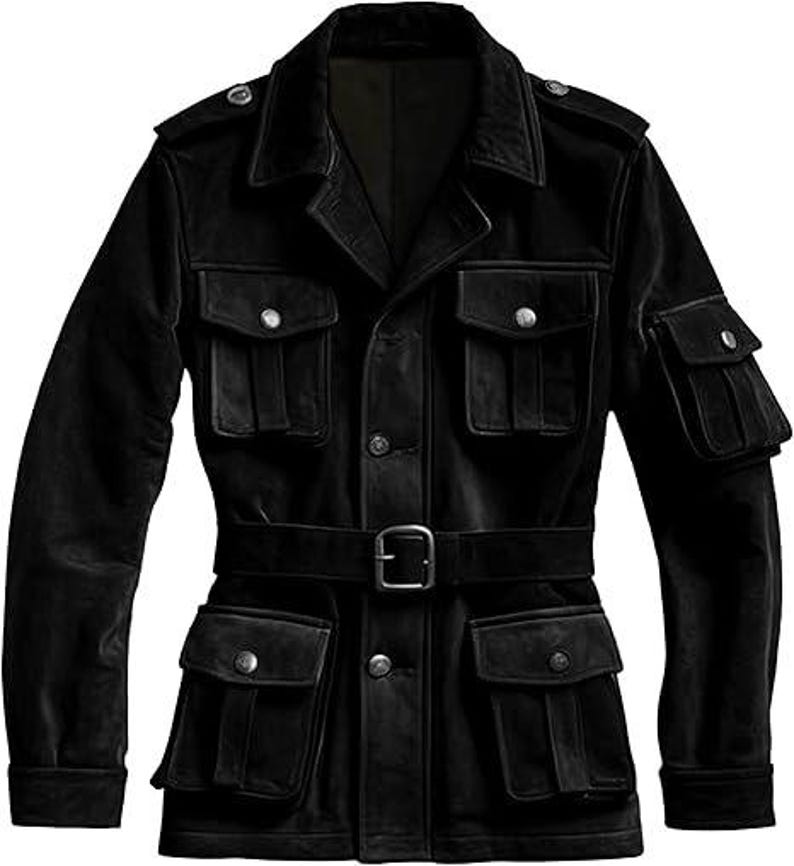 May include: A black leather jacket with multiple pockets, a belted waist, and silver button details. The jacket has a classic design with a collared neckline and epaulettes on the shoulders. A stylish outerwear piece.