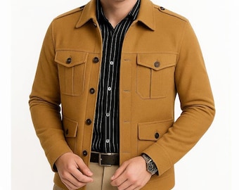 Unisex Brown Suede Leather Jacket: Button Front Shirt Collar