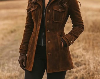 Handmade Suede Leather Trench Coat: Long Brown Vintage Overcoat