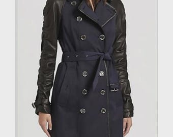 Handmade Denim Trench Coat with Leather Sleeves | Double Breasted Long Coat