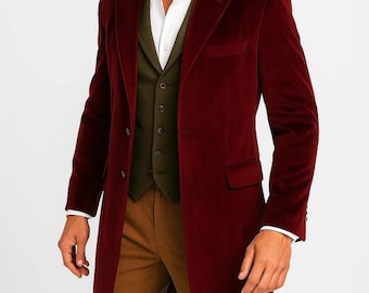 Handmade Maroon Corduroy Overcoat: Vintage Lapel, Long Coat