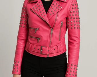 Handmade Women’s Pink & Silver Studded Leather Biker Jacket – Stylish Women’s Outerwear