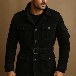 May include: Black suede jacket with multiple pockets, a belt, and a button-up front. The jacket has a classic collar and epaulettes on the shoulders. The model is wearing a black shirt underneath.