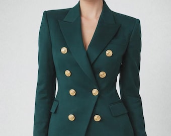 Handmade Women Dark Green Double Breasted Blazer