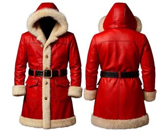 May include: A red hooded coat with a faux fur trim and a black belt. The coat has a button-up front and two front pockets. The hood and cuffs are trimmed with cream-colored faux fur.
