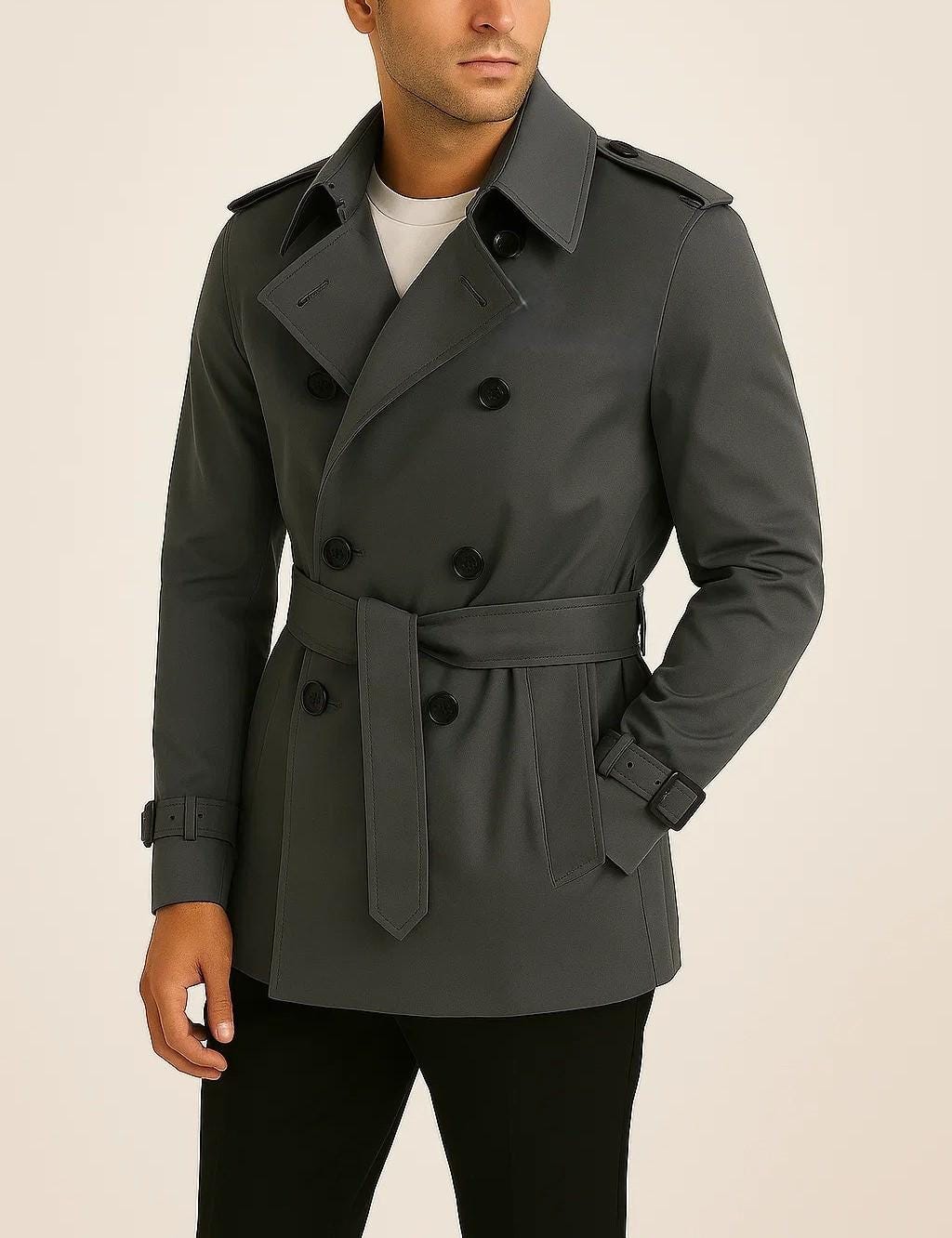 Handmade Men's Grey Short Trench Coat – Belted Double-breasted