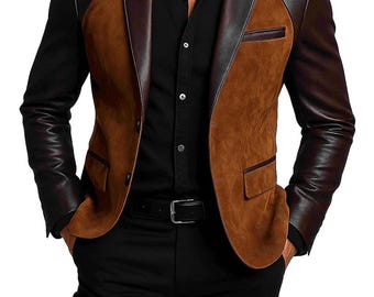 Handmade Men’s Brown and Black Suede & Leather Blazer