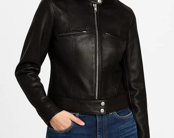 Vintage Cropped Style Women’s Black Leather Jacket | Handmade Genuine Leather