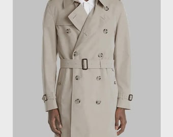 Gabardina de algodón beige para hombre: abrigo largo vintage con cinturón