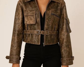 Handmade Women’s Distressed Cropped Leather Jacket