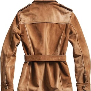 May include: A tan suede jacket with a belted waist and buttoned cuffs. The jacket features a classic collar, shoulder epaulets, and a tailored fit. The back of the jacket has vertical seams for a structured look. The overall design is a blend of classic and modern styles.