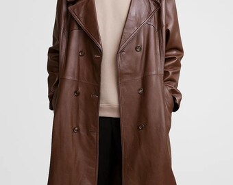 Handmade Oversized Sheepskin Leather Trench Coat - 90s Vintage Style
