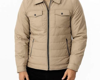 Handmade Black and Beige Quilted Puffer Jacket – Lightweight Winter Coat