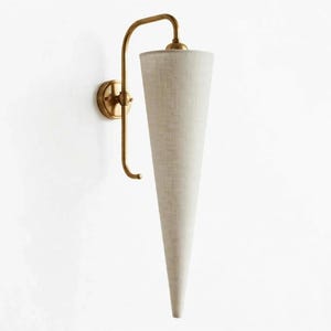 Moderne, längliche Wandleuchte mit Leinenschirm und Messing-Schwanenhals für Schlafzimmer, Arbeitszimmer und Flur