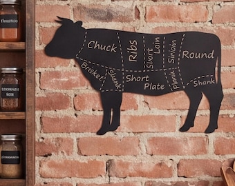 Metalen bord met rundvleesstukken, rustieke barbecuekoe als wanddecoratie, stalen decoratie in boerderijstijl voor grillmeester, slager of als cadeau voor in de keuken.