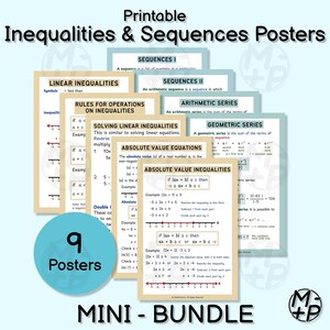 May include: A mini-bundle of 9 printable math posters on inequalities and sequences. The posters cover topics like linear inequalities, absolute value equations, and arithmetic series. The posters have a light blue and beige color scheme.
