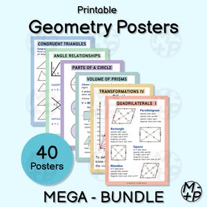 Könnte beinhalten: Ein Stapel druckbarer Geometrie-Poster mit Themen wie kongruenten Dreiecken, Winkelbeziehungen und Teilen eines Kreises. Die Poster sind in verschiedenen Farben gehalten und enthalten Diagramme und Formeln. Das Bild enthält auch einen blauen Kreis mit der Zahl 40 und dem Wort "Poster".